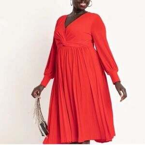 Eloquii Knot Front Pleated Skirt Midi Dress Longsleeve  - Red NWOT 20W